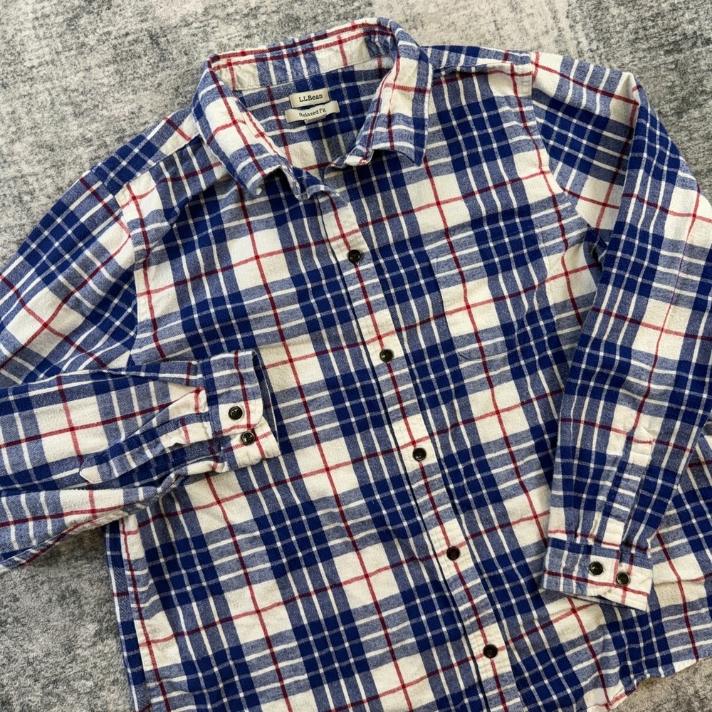 LL Bean Flannel Shirt Womens XL Blue White Scotch Tartan Plaid Relaxed Fit Top